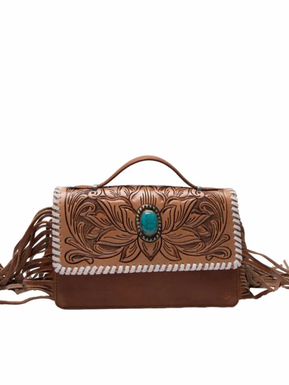 Loyal West Saddle Luxe Tooled Leather Fringe Western Rodeo Turquoise Handbag